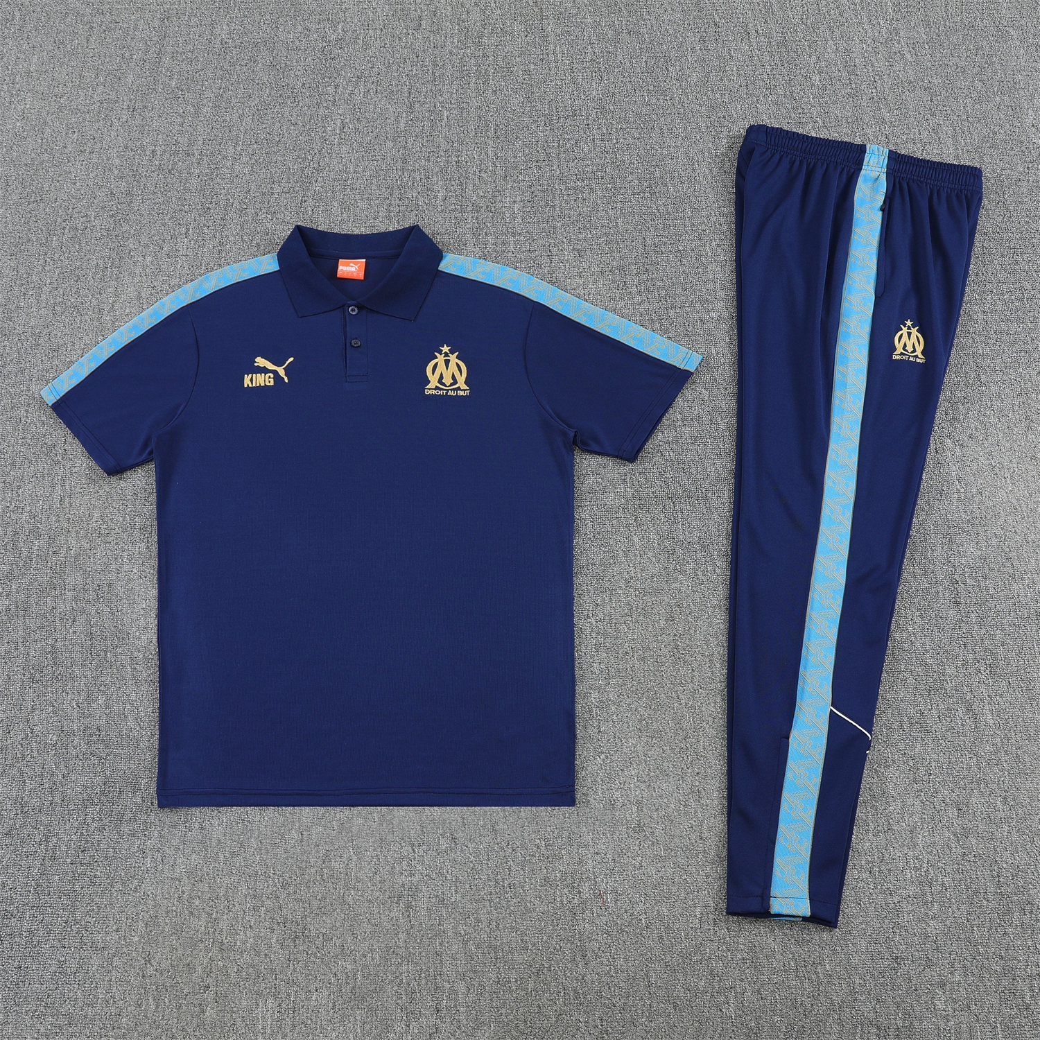 Unitedfootballkit.com | Marseille 25-26 POLO Short-Sleeve Training Set - Dark Blue Top and Pants -Customize Name, Number and Patch | Worldwide Shipping
