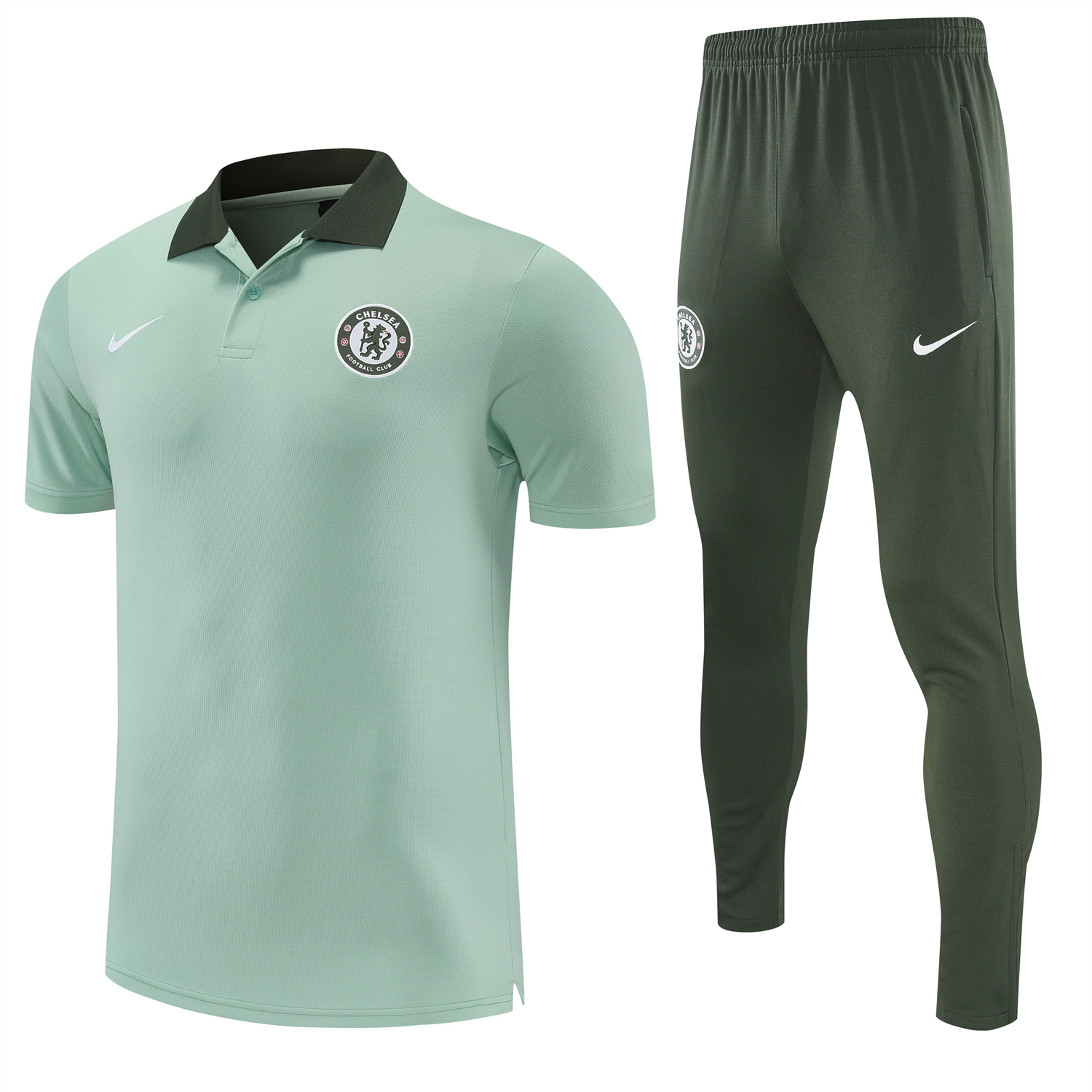 Unitedfootballkit.com | C.H.E.L.S.E.A 25-26 POLO Short-Sleeve Training Set - Light Green Top and Dark Green Pants -Customize Name, Number and Patch | Worldwide Shipping