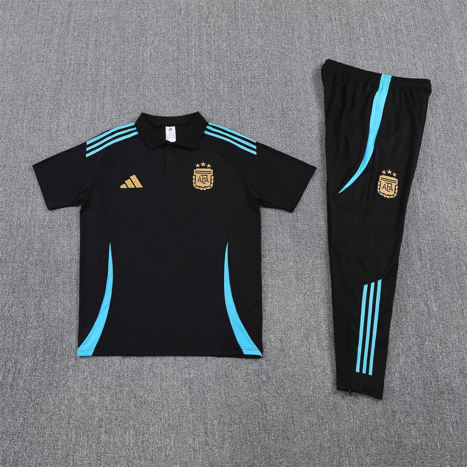 foot-Argentina 25-26 POLO Short-Sleeve Training Set - Deep Blue Top and Pants with Blue Stripes