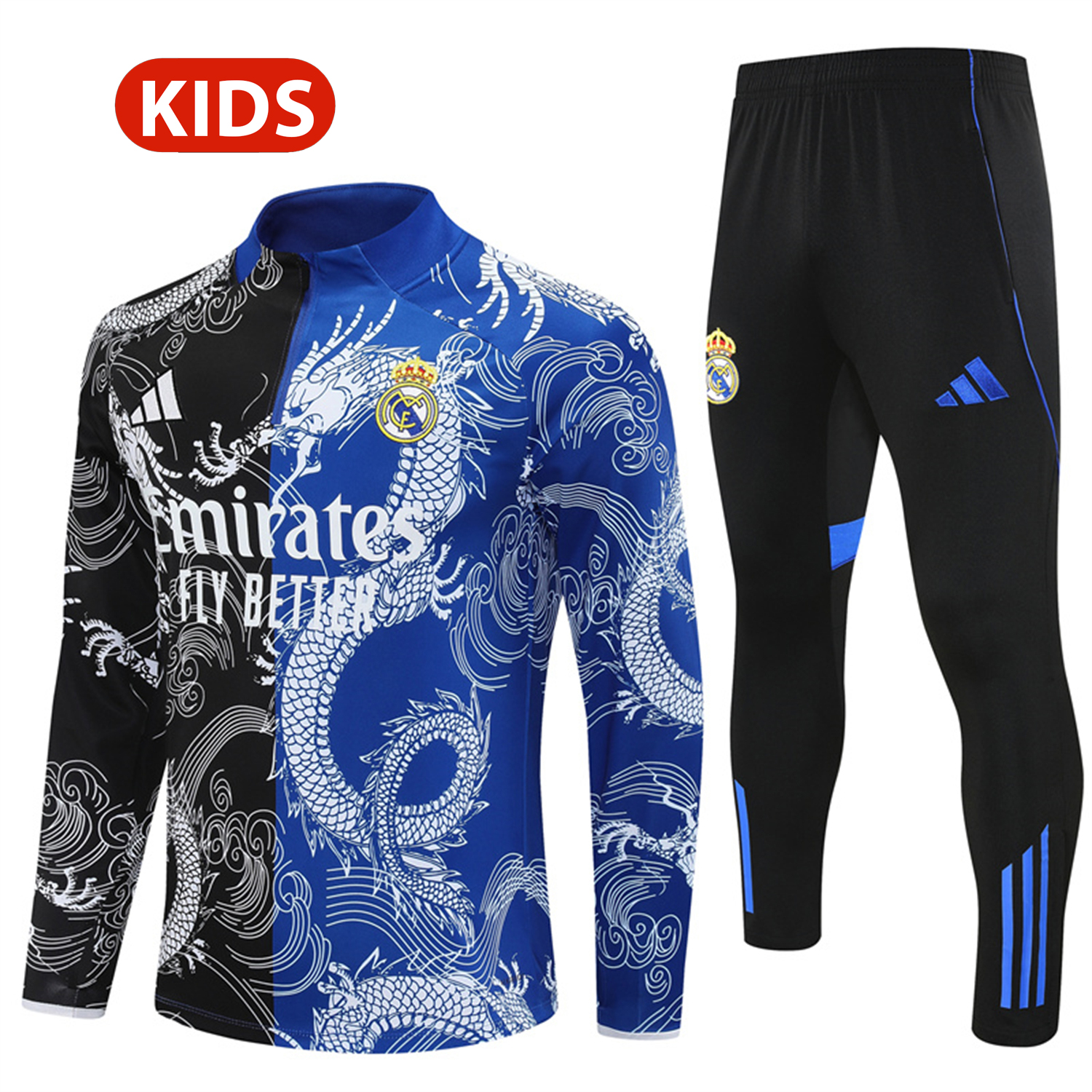 foot-Real Madrid 25-26 Kids Long Sleeve Training Set - White Loong Black Blue Top and Black Pants