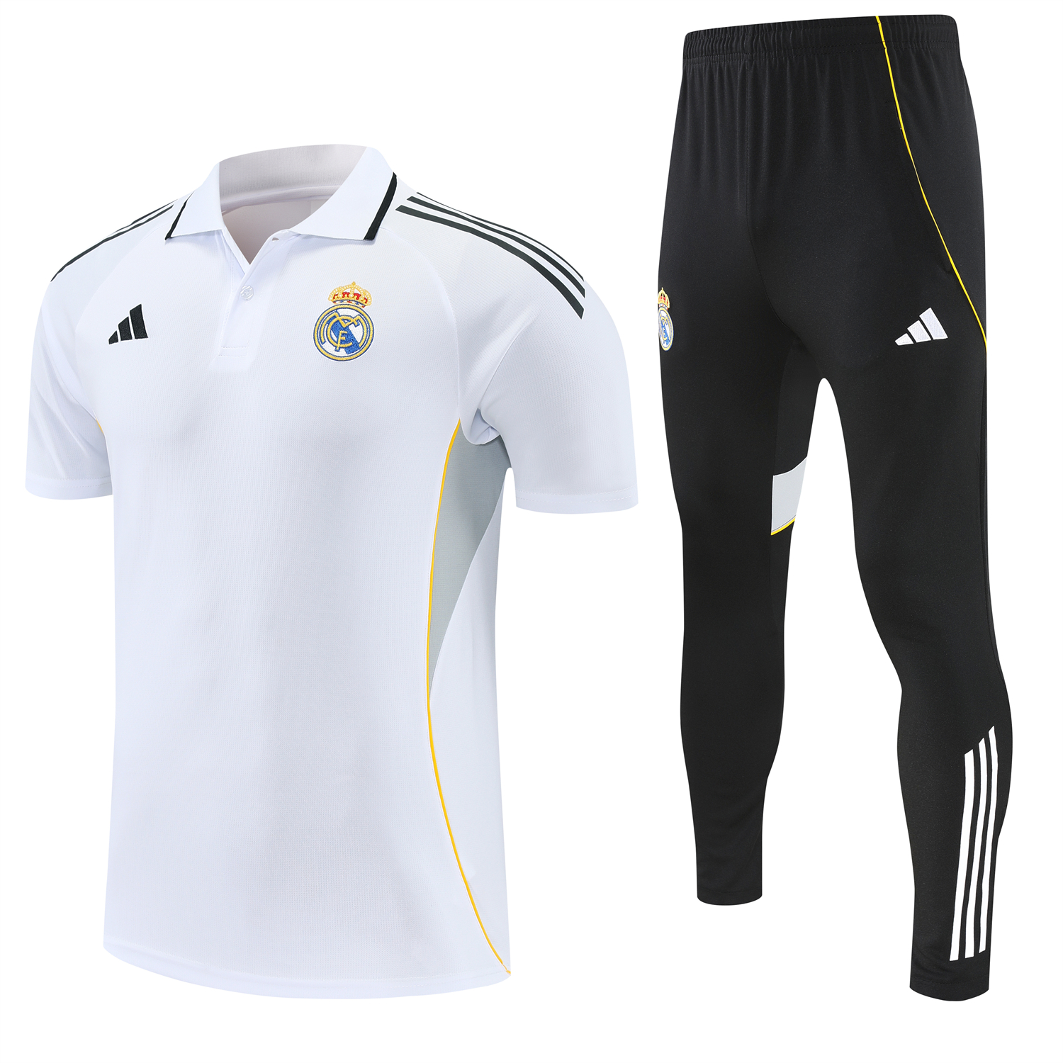 Unitedfootballkit.com | Real Madrid 25-26 POLO Short-Sleeve Training Set - White Top and Black Pants -Customize Name, Number and Patch | Worldwide Shipping