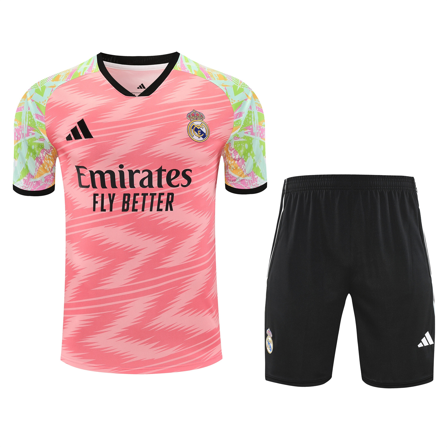 foot-Real Madrid 25-26 Short-Sleeve Training Set - Pink Arrow Pattern Top & Black Shorts