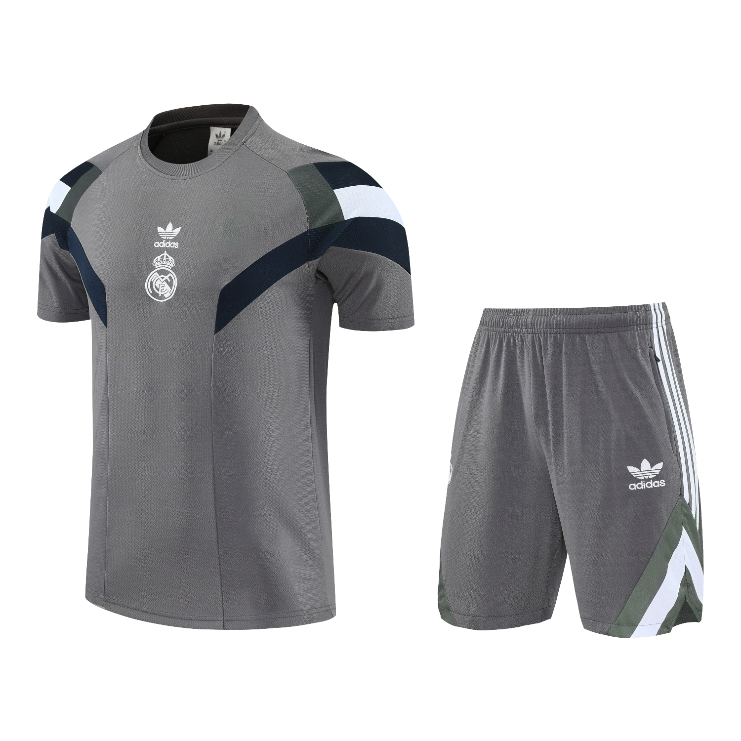 foot-Real Madrid 25-26 Short-Sleeve Training Set With White Logo - Gray Top & Gray Shorts