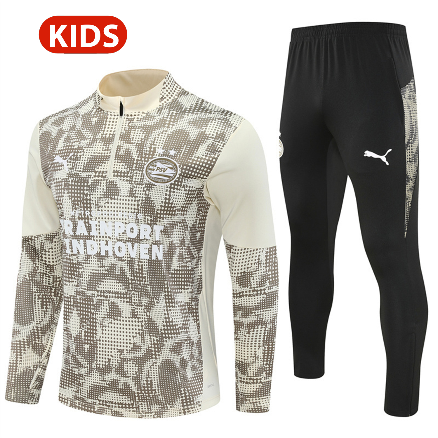 foot-PSV Eindhoven 25-26 Kids Long Sleeve Training Set - Khaki Top & Black Pants