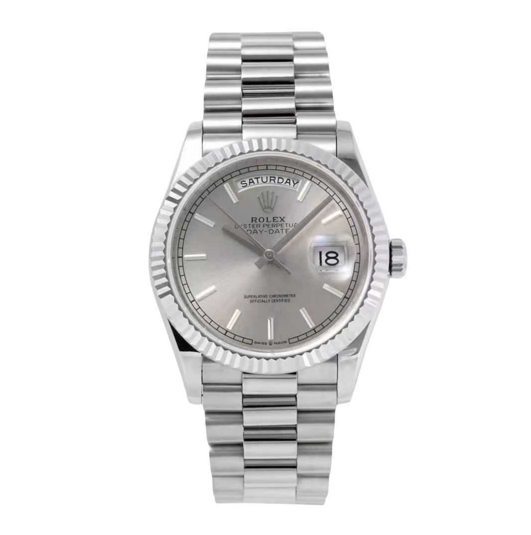 Rolex Day-Date 36mm 40mm Silver Gen Dial Platinum Bezel 228239-0003