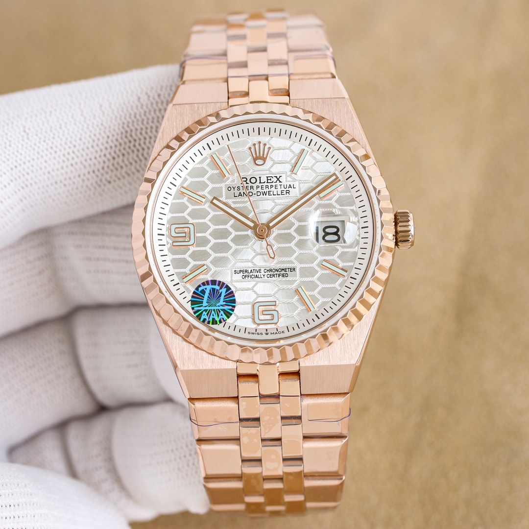 Rolex Land-Dweller 36mm 40mm White Honeycomb Dial Rose Gold Bezel 127335-0001
