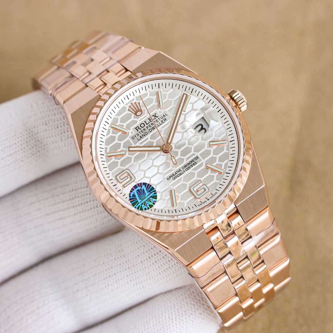 Rolex Land-Dweller 36mm 40mm White Honeycomb Dial Rose Gold Bezel 127335-0001