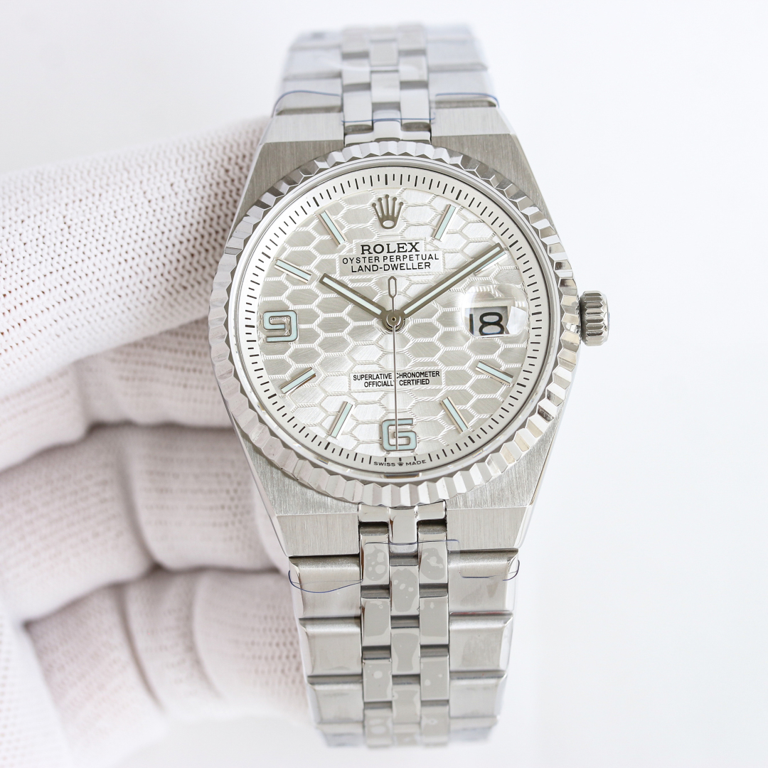 Rolex Land-Dweller 36mm 40mm White Honeycomb Dial Steel Bezel 127334-0001