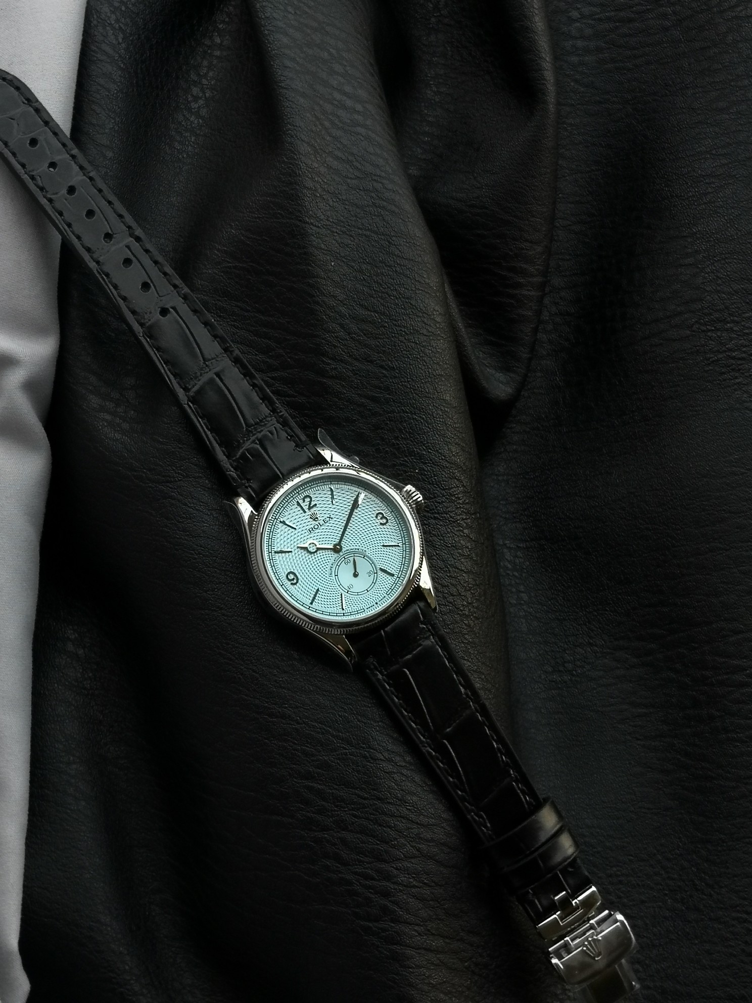 Rolex Benvenuto Cellini 1908 39mm Ice Blue Dial Steel Bezel Black Leather 52508-0009