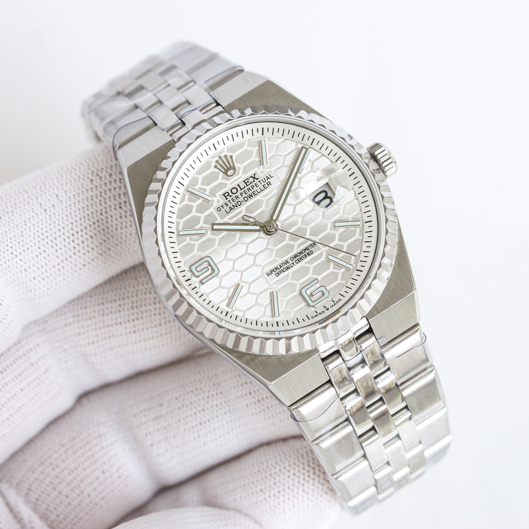 Rolex Land-Dweller 36mm 40mm White Honeycomb Dial Steel Bezel 127334-0001