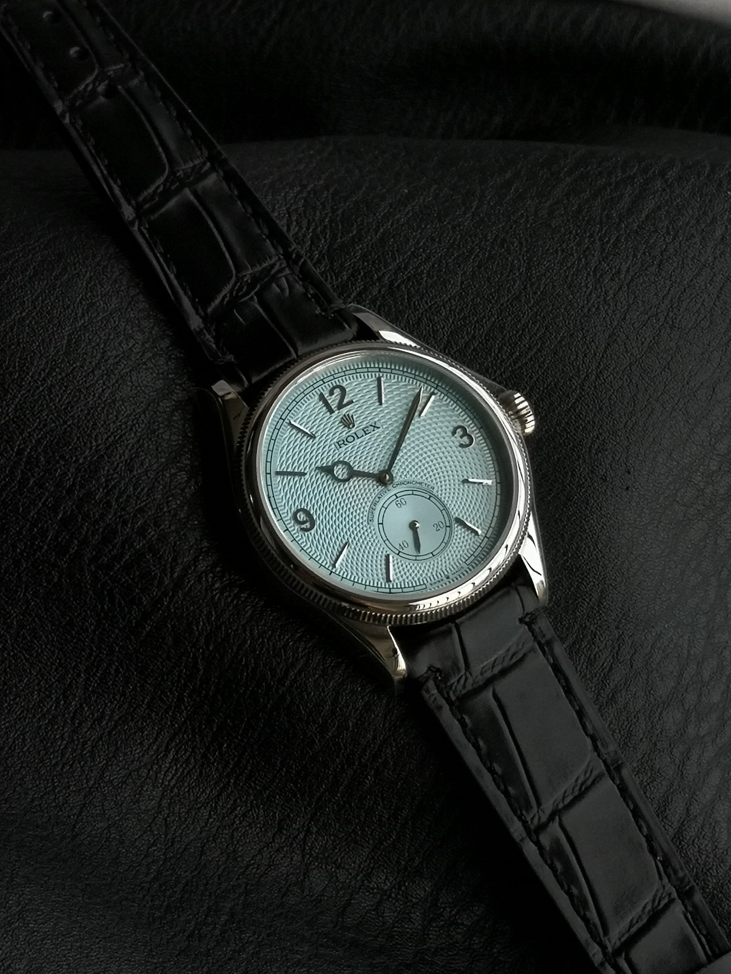 Rolex Benvenuto Cellini 1908 39mm Ice Blue Dial Steel Bezel Black Leather 52508-0009