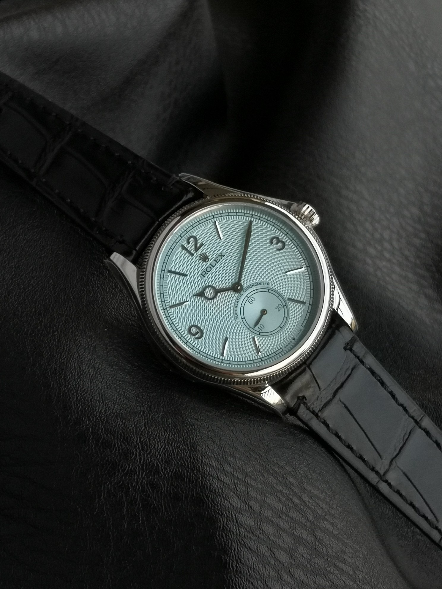 Rolex Benvenuto Cellini 1908 39mm Ice Blue Dial Steel Bezel Black Leather 52508-0009