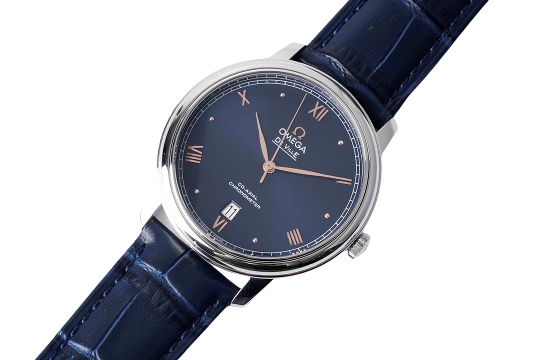 OMEGA De Ville 40mm Blue Rose Gold Dial Steel Bezel Blue Leather Strap 424.13.40.20.03.004