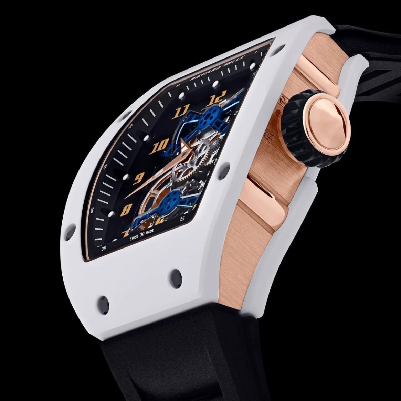 Richard Mille RM17-02 38mm x 49.8mm Gold Finger Hollow Dial White Carbon Fiber Bezel Black Rubber Strap
