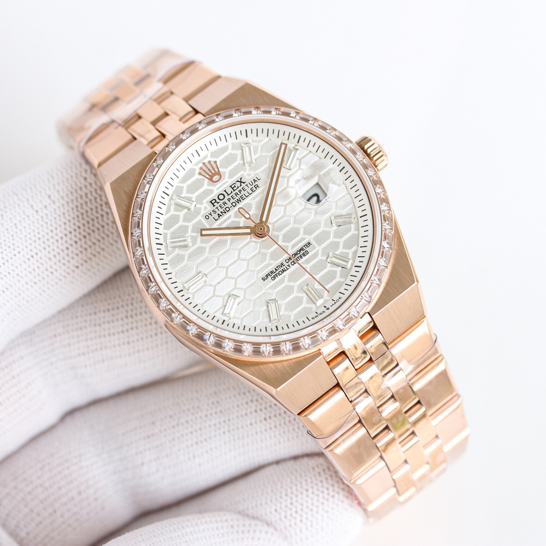 Rolex Land-Dweller 36mm 40mm White Honeycomb Dial Rose Gold Diamond Bezel 127385TBR-0003