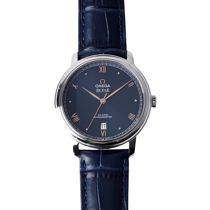 OMEGA De Ville 40mm Blue Rose Gold Dial Steel Bezel Blue Leather Strap 424.13.40.20.03.004