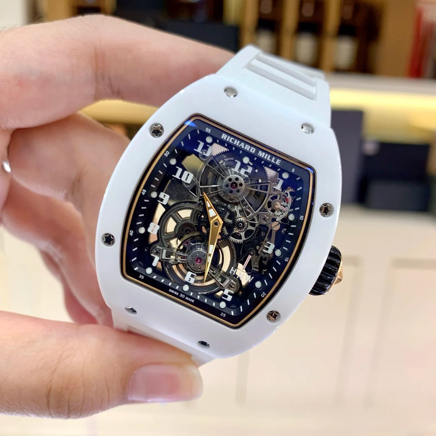 Richard Mille RM17-01 38mm x 49.8mm Gold Finger Hollow Dial White Carbon Fiber Bezel White Rubber Strap