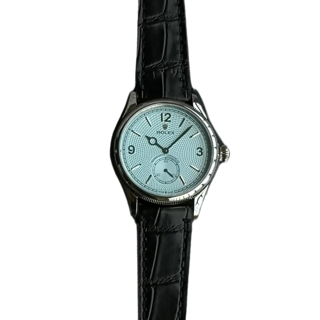 Rolex Benvenuto Cellini 1908 39mm Ice Blue Dial Steel Bezel Black Leather 52508-0009