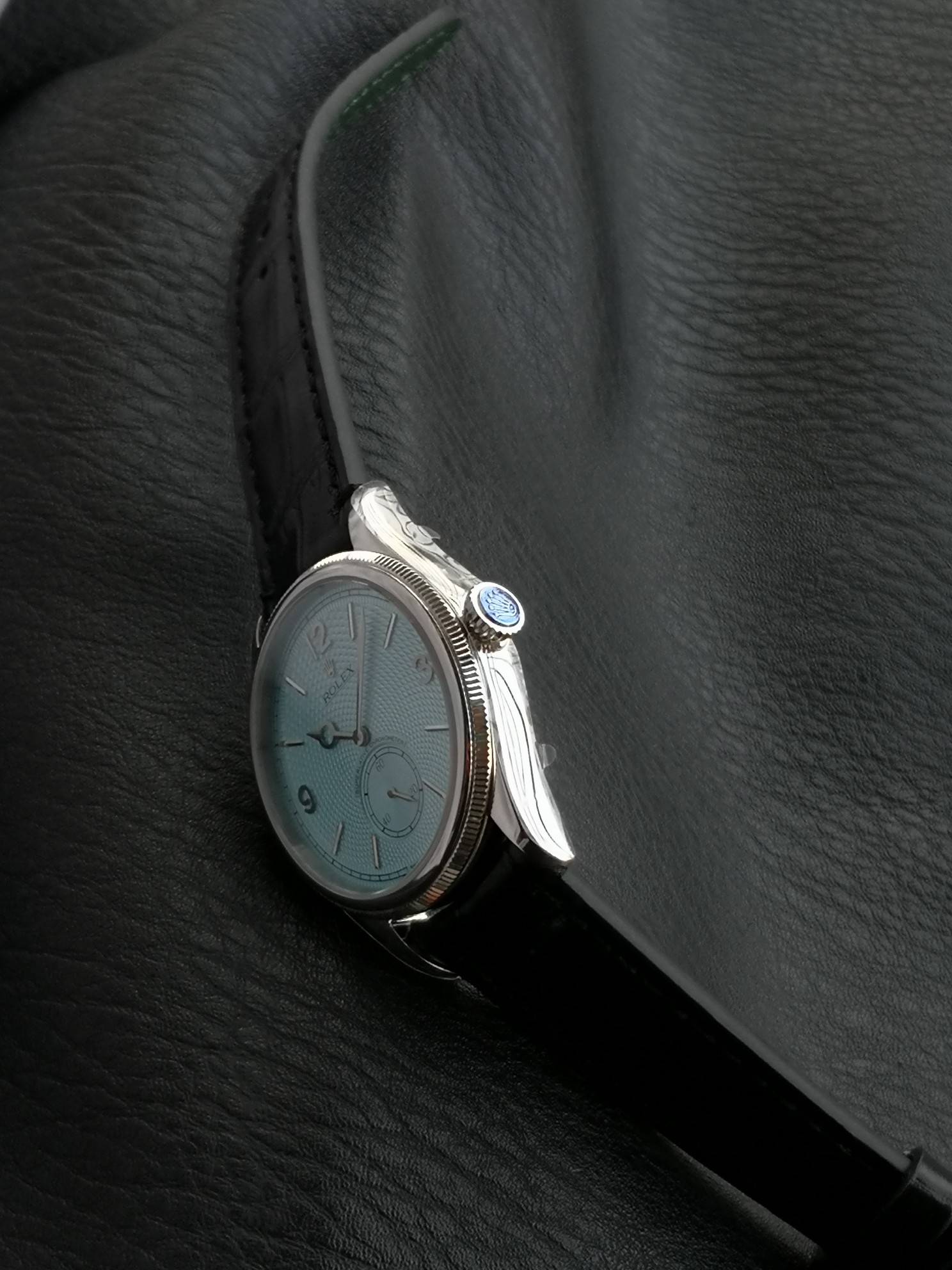 Rolex Benvenuto Cellini 1908 39mm Ice Blue Dial Steel Bezel Black Leather 52508-0009