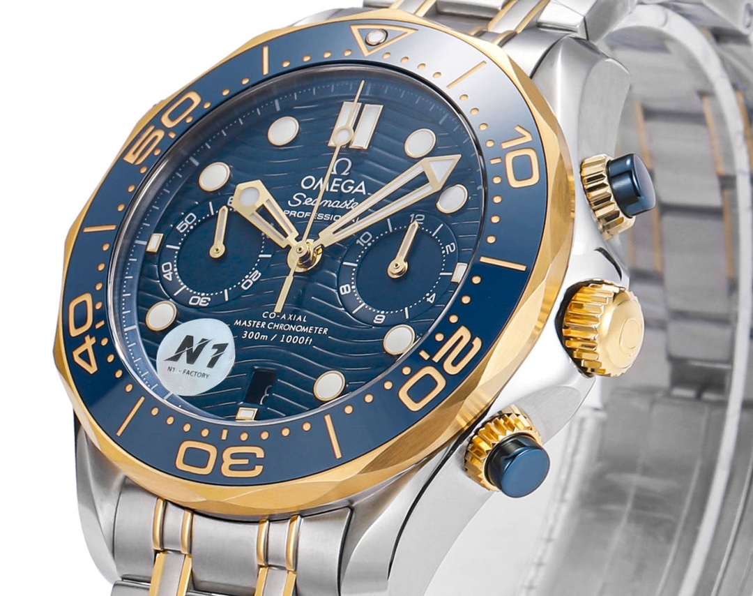 Omega Seamaster 300m 44mm Blue Dial Yellow Gold Blue Bezel Steel Strap 210.20.44.51.03.001