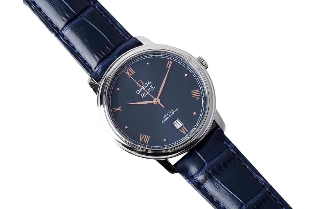 OMEGA De Ville 40mm Blue Rose Gold Dial Steel Bezel Blue Leather Strap 424.13.40.20.03.004