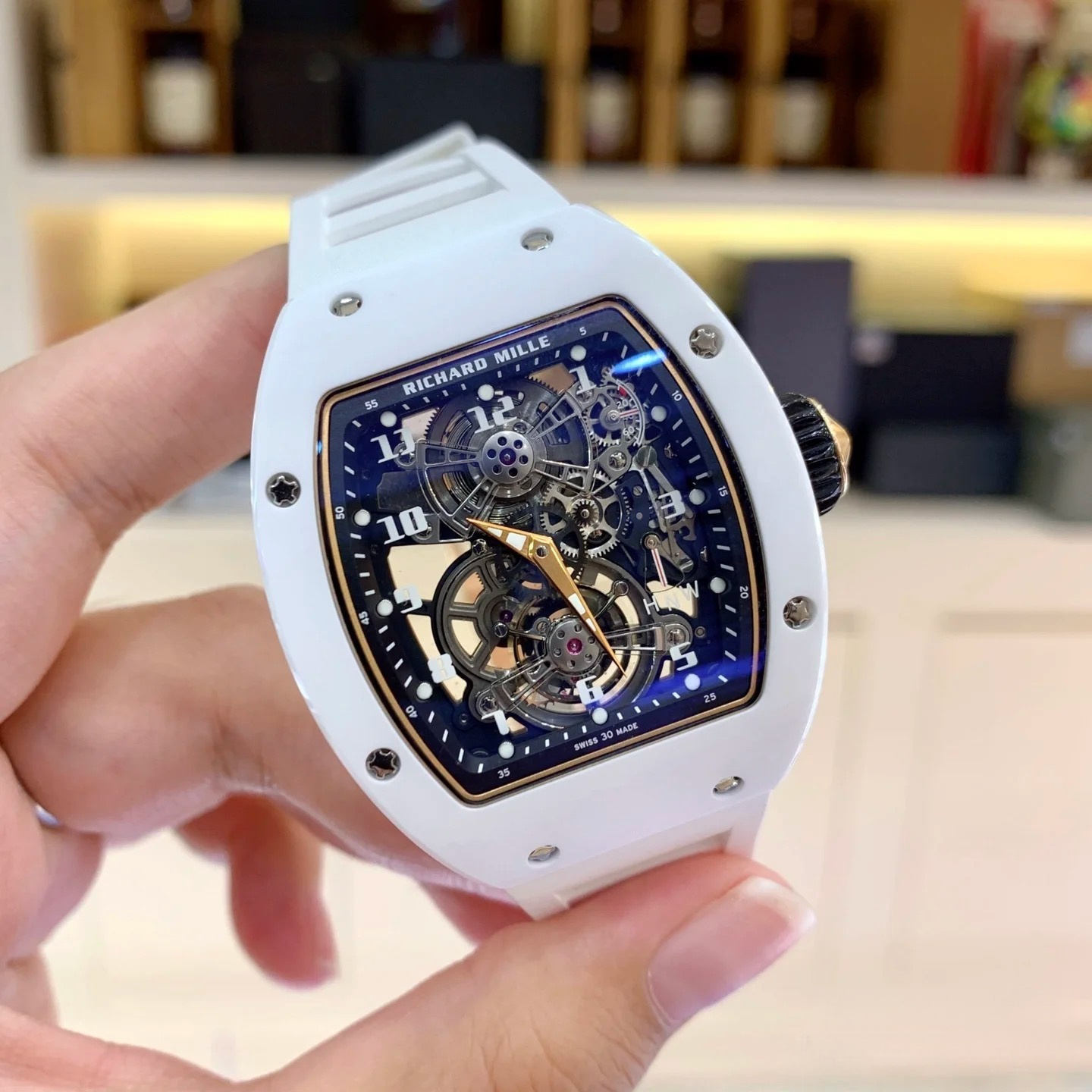 Richard Mille RM17-01 38mm x 49.8mm Gold Finger Hollow Dial White Carbon Fiber Bezel White Rubber Strap