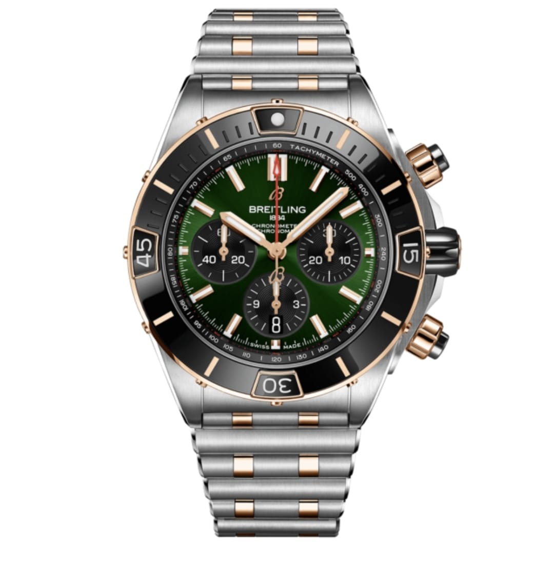 Breitling Chronomat 44mm Green Black Dial Black Bezel Yellow Gold Steel Strap UB013413XL1U1