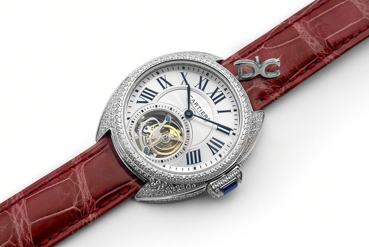 Cle de Cartier Tourbillon with Diamond Bezel in White Gold 35mm on Red Leather Strap-fasswatch