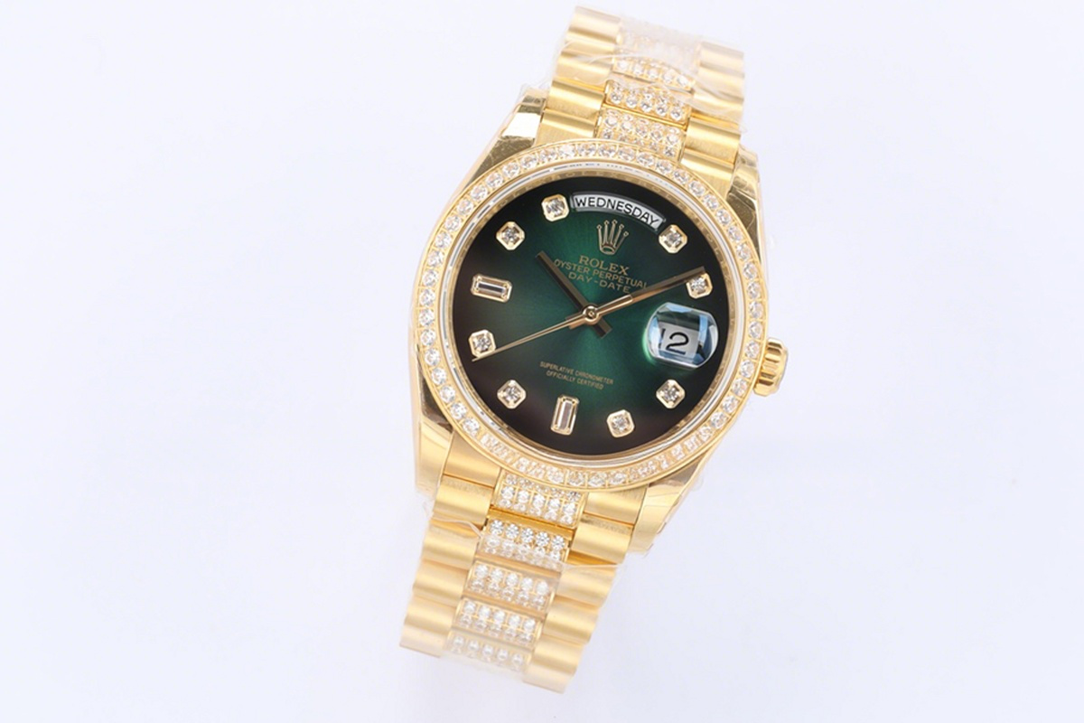 Rolex Day-Date 36 128348RBR Green Dial with Diamond Bezel in Yellow Gold-fasswatch