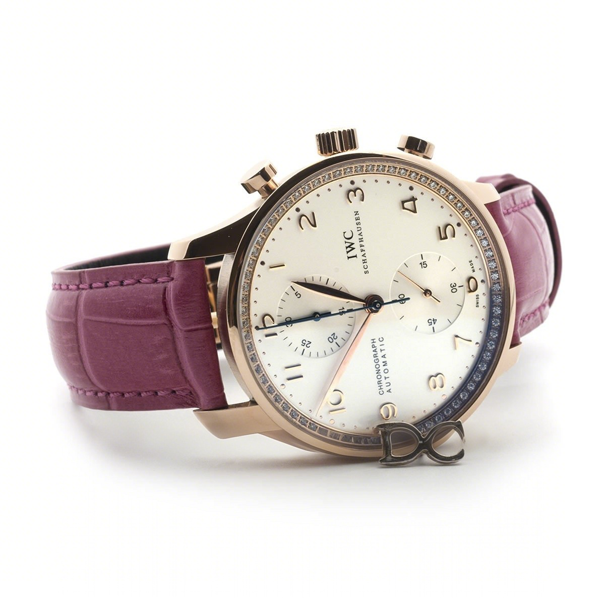 IWC Portugieser Chronograph Automatic White Dial in Rose Gold on Purple Leather Strap-fasswatch