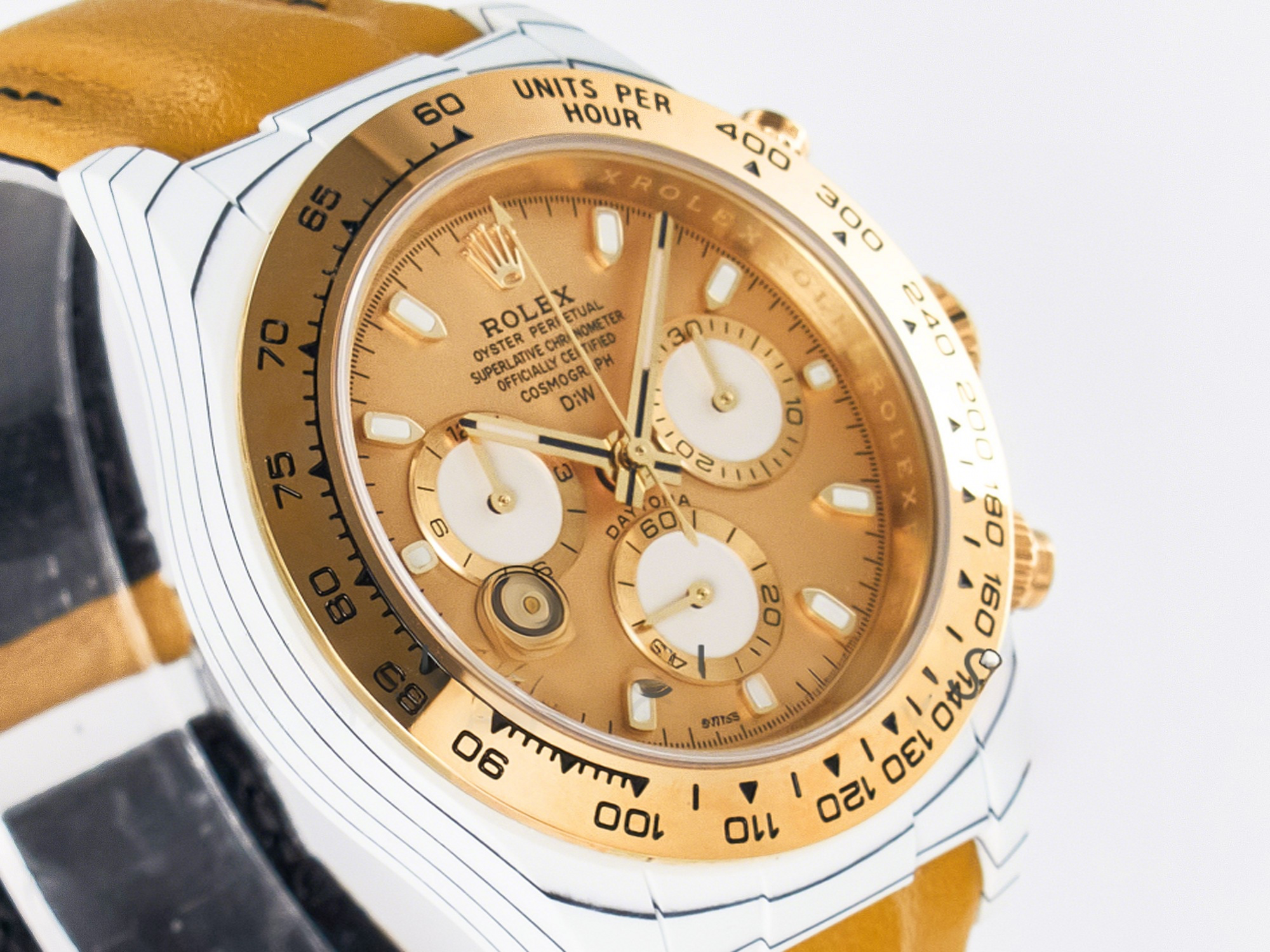 Rolex Daytona DIW White Carbon Case YG Bezel DIWF Edition YG Dial on Brown Leather Strap A7750-fasswatch