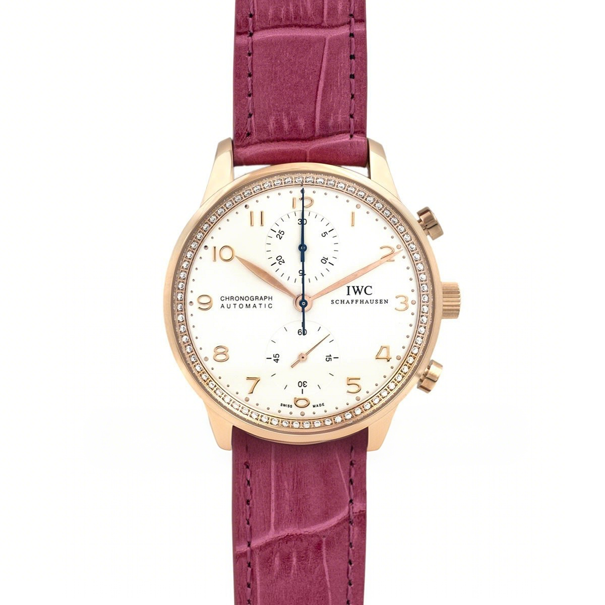 IWC Portugieser Chronograph Automatic White Dial in Rose Gold on Purple Leather Strap-fasswatch