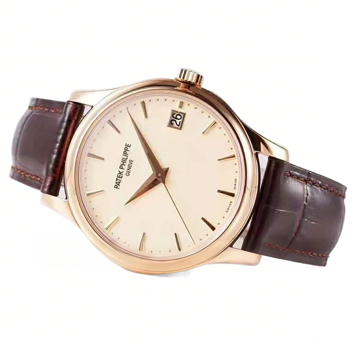 Patek Philippe Calatrava 5227R-001 White Dial in Rose Gold on Brown Leather Strap-fasswatch