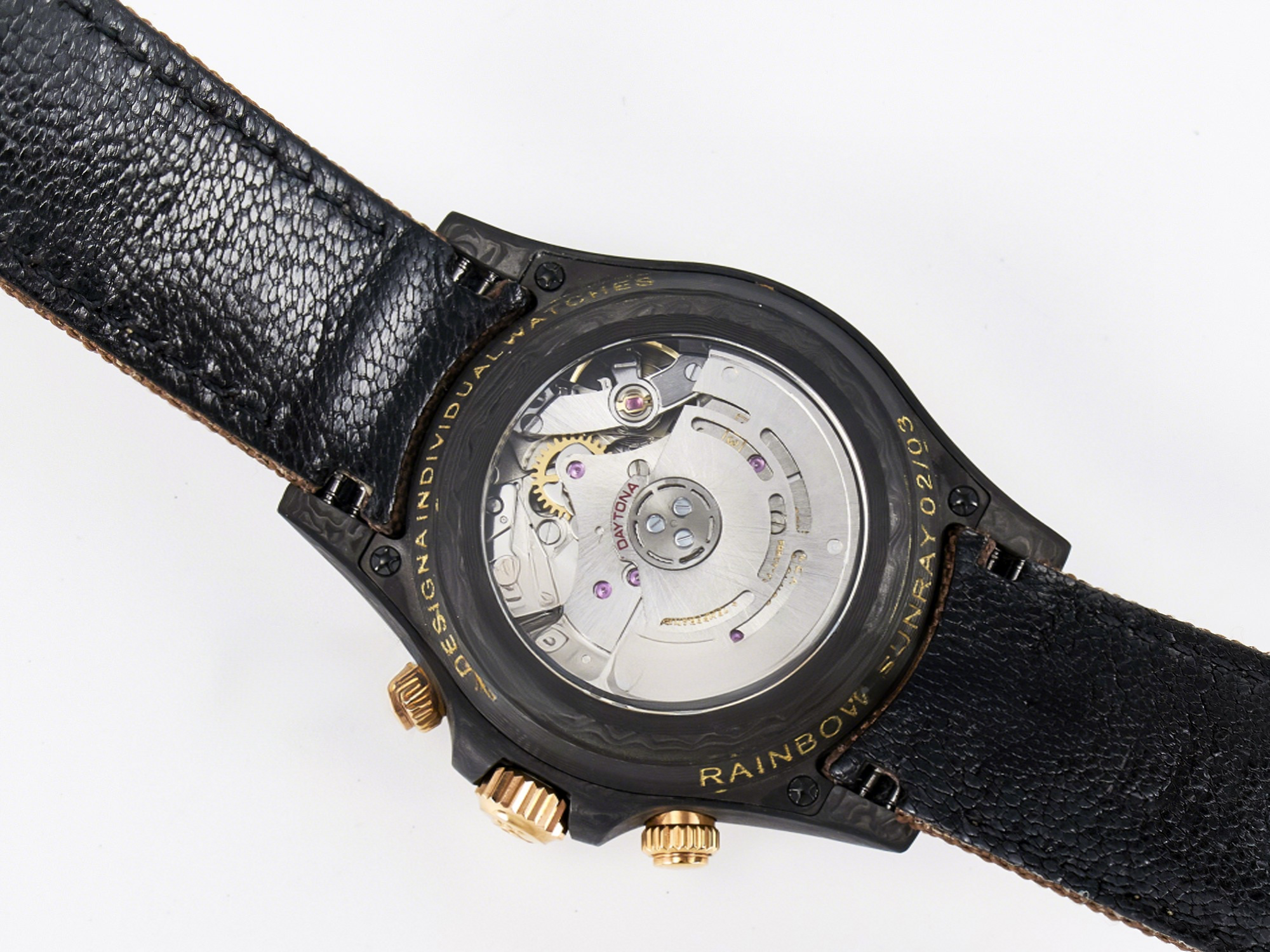 Rolex Daytona DIW Carbon Case DIWF Edition Black Dial Rainbow Diamonds Bezel on Brown Nylon Strap A7750-fasswatch