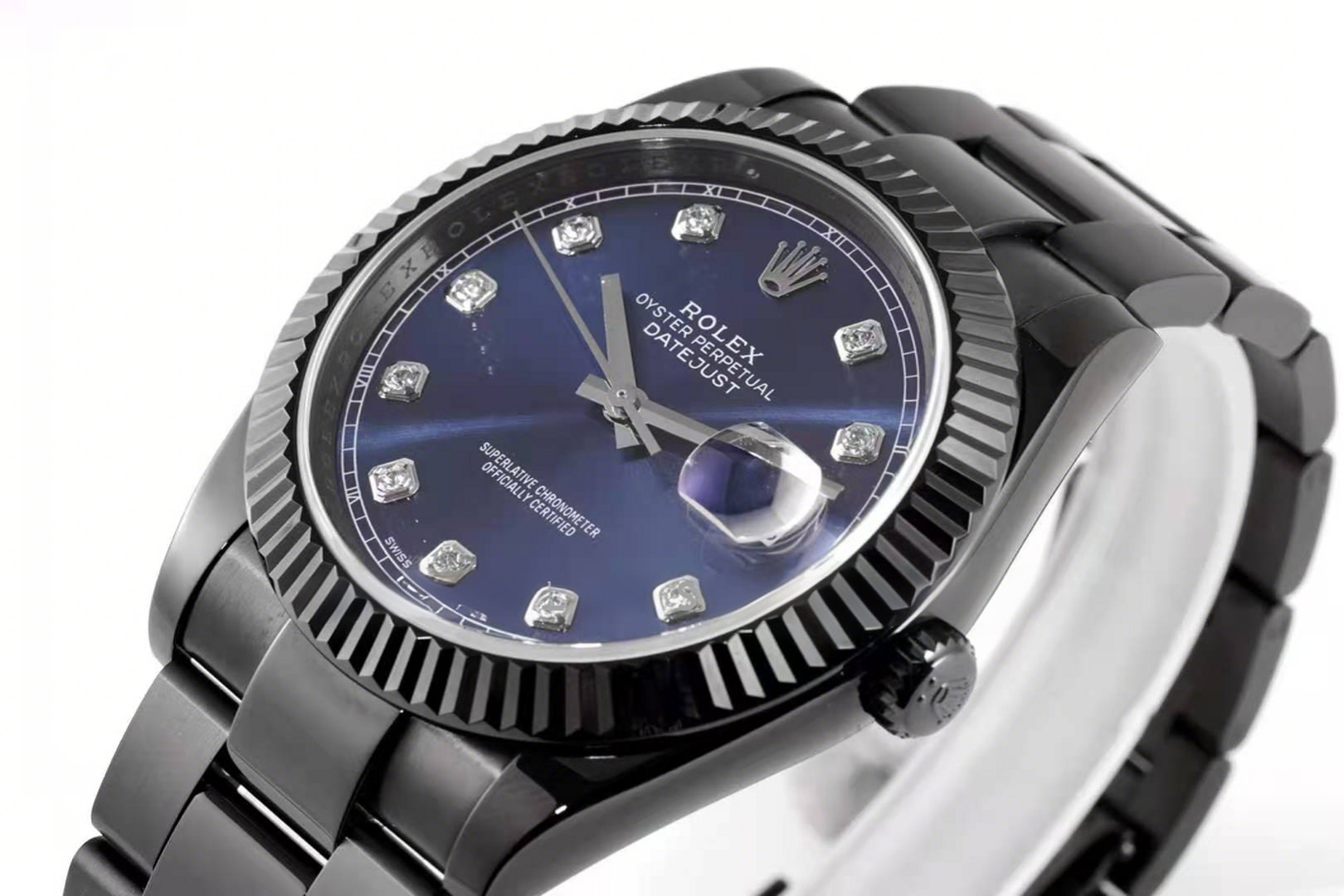 Rolex Datejust 41 Blue Dial with Diamond Markers in PVD Black-fasswatch