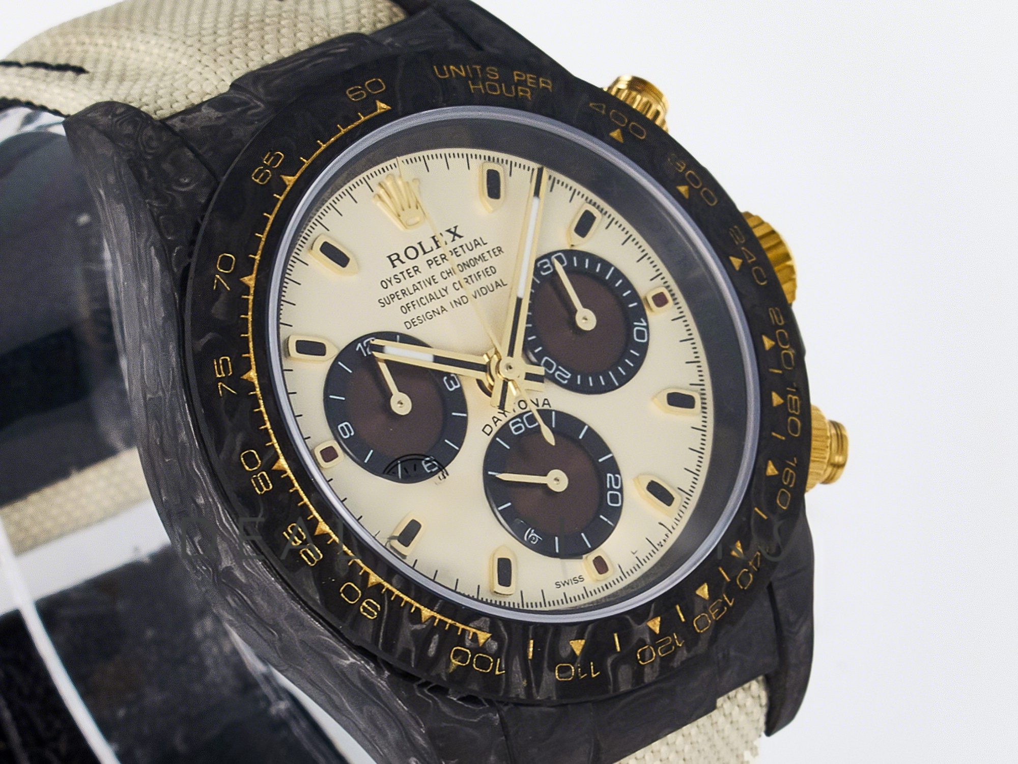 Rolex Daytona DIW Carbon Case DIWF Edition Cream/Brown Dial on White Nylon Strap A7750-fasswatch
