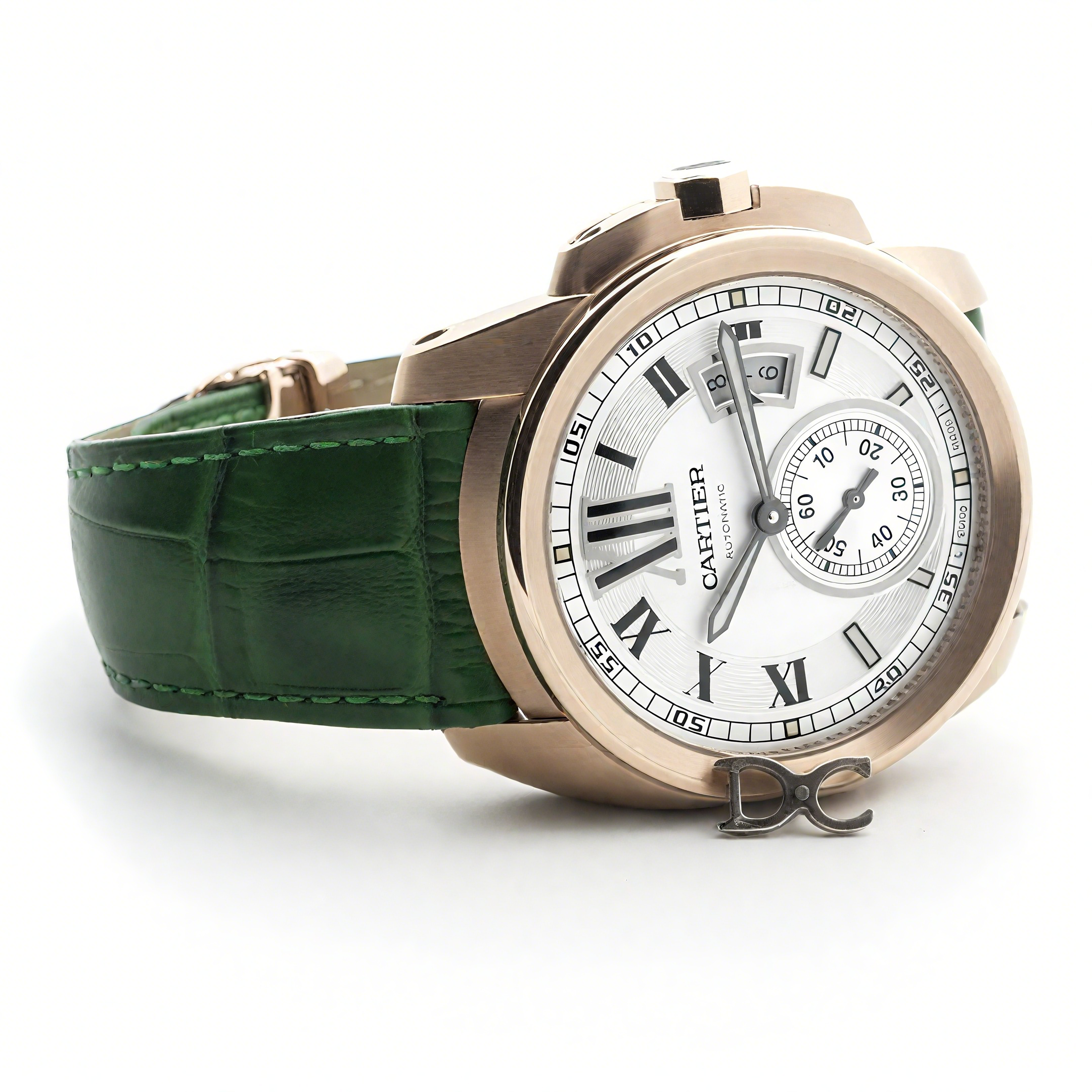 Calibre de Cartier White Dial in Rose Gold on Green Leather Strap-fasswatch