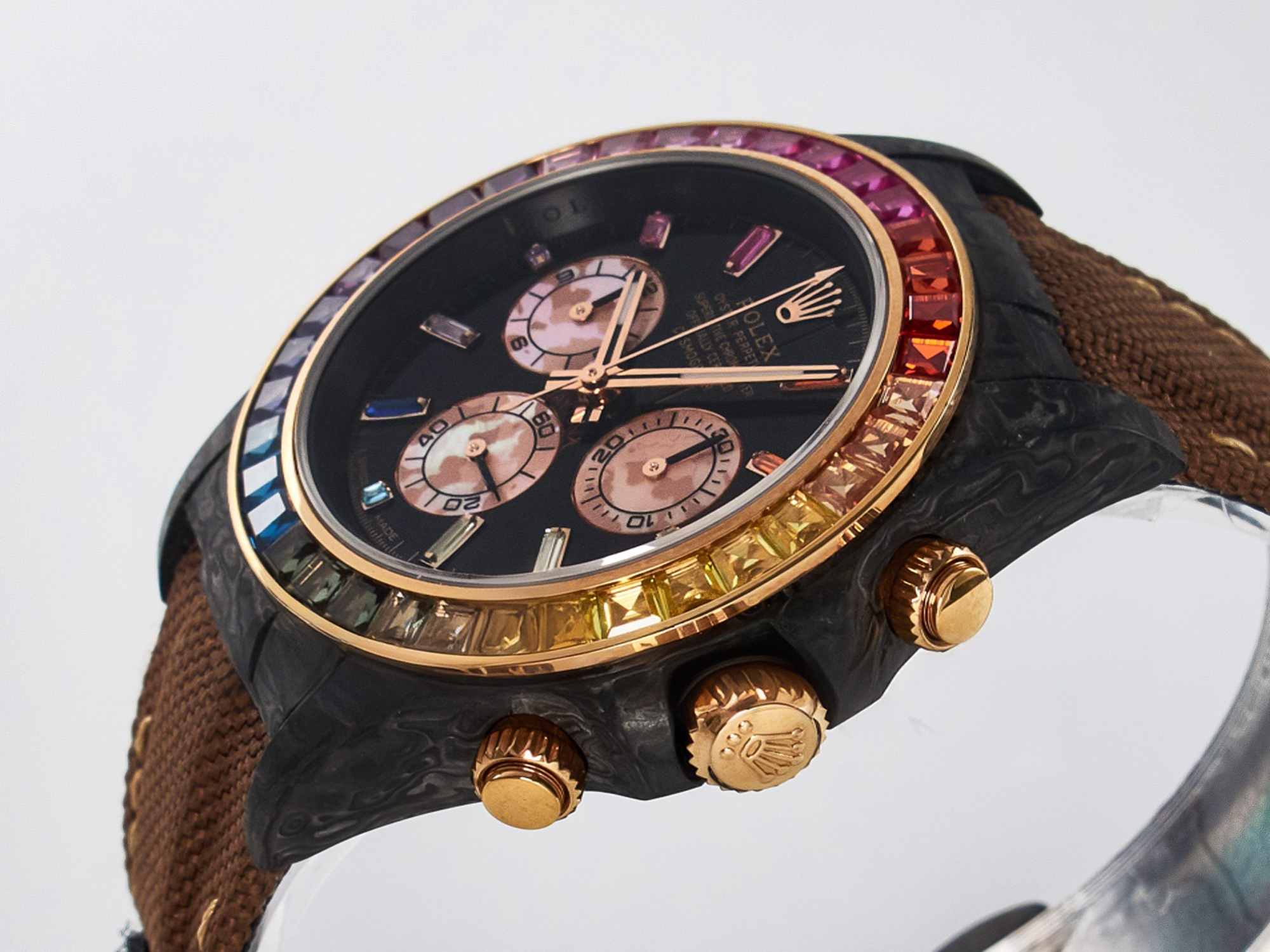 Rolex Daytona DIW Carbon Case DIWF Edition Black Dial Rainbow Diamonds Bezel on Brown Nylon Strap A7750-fasswatch