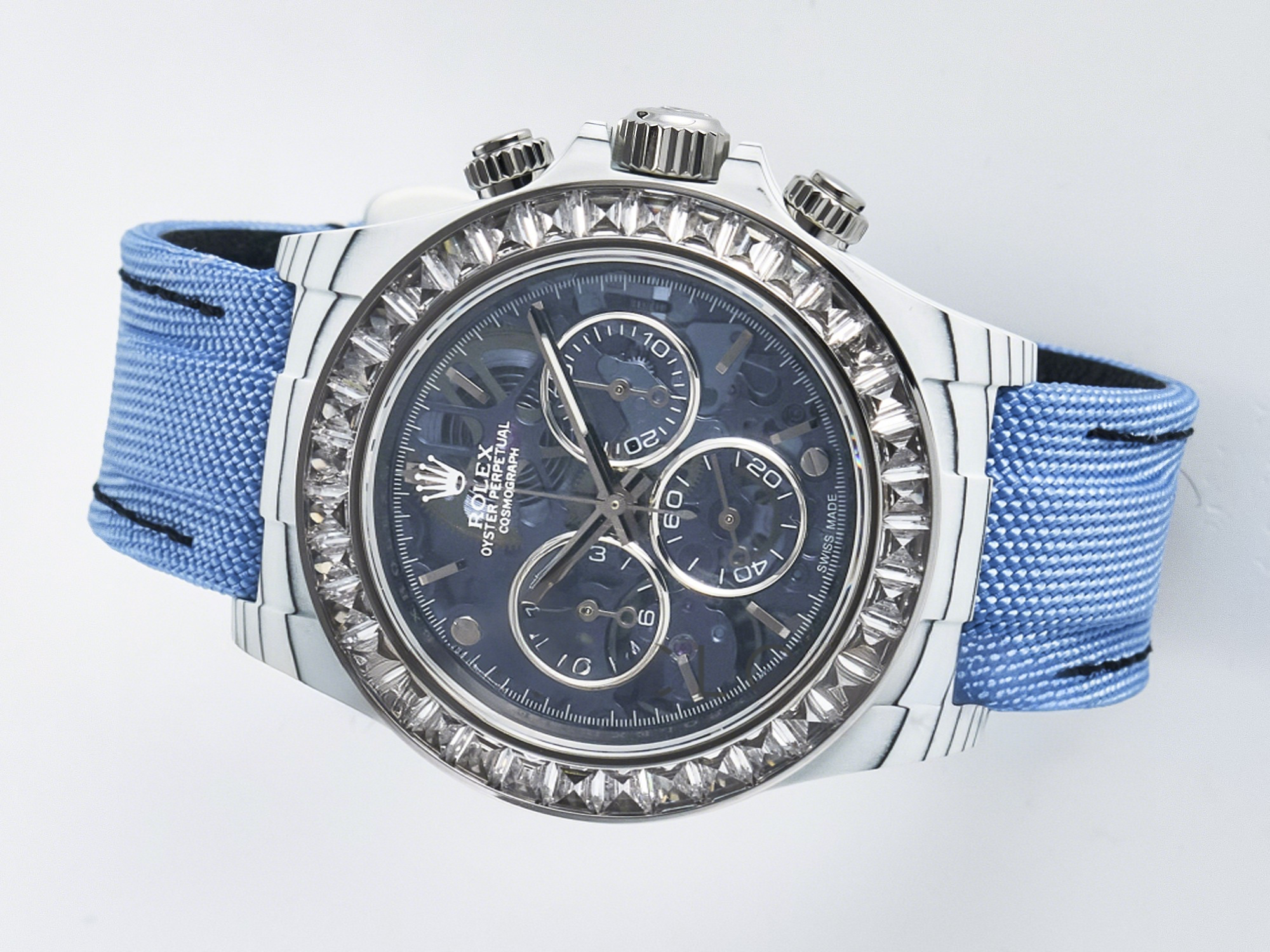 Rolex Daytona ZIF REMOULD White Carbon GETF Best Edition Blue Skeleton Dial Diamonds Bezel on Blue Nylon Strap DD4802-fasswatch