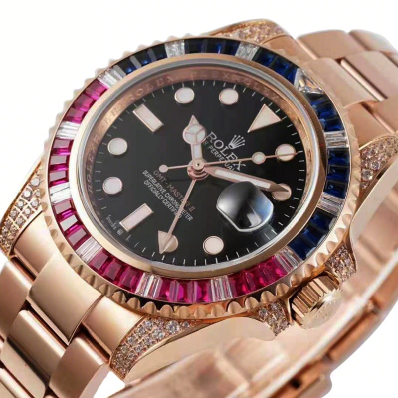 Rolex GMT Master II 116758 BLRO “Pepsi” with Paved Diamond Bezel in Rose Gold-fasswatch