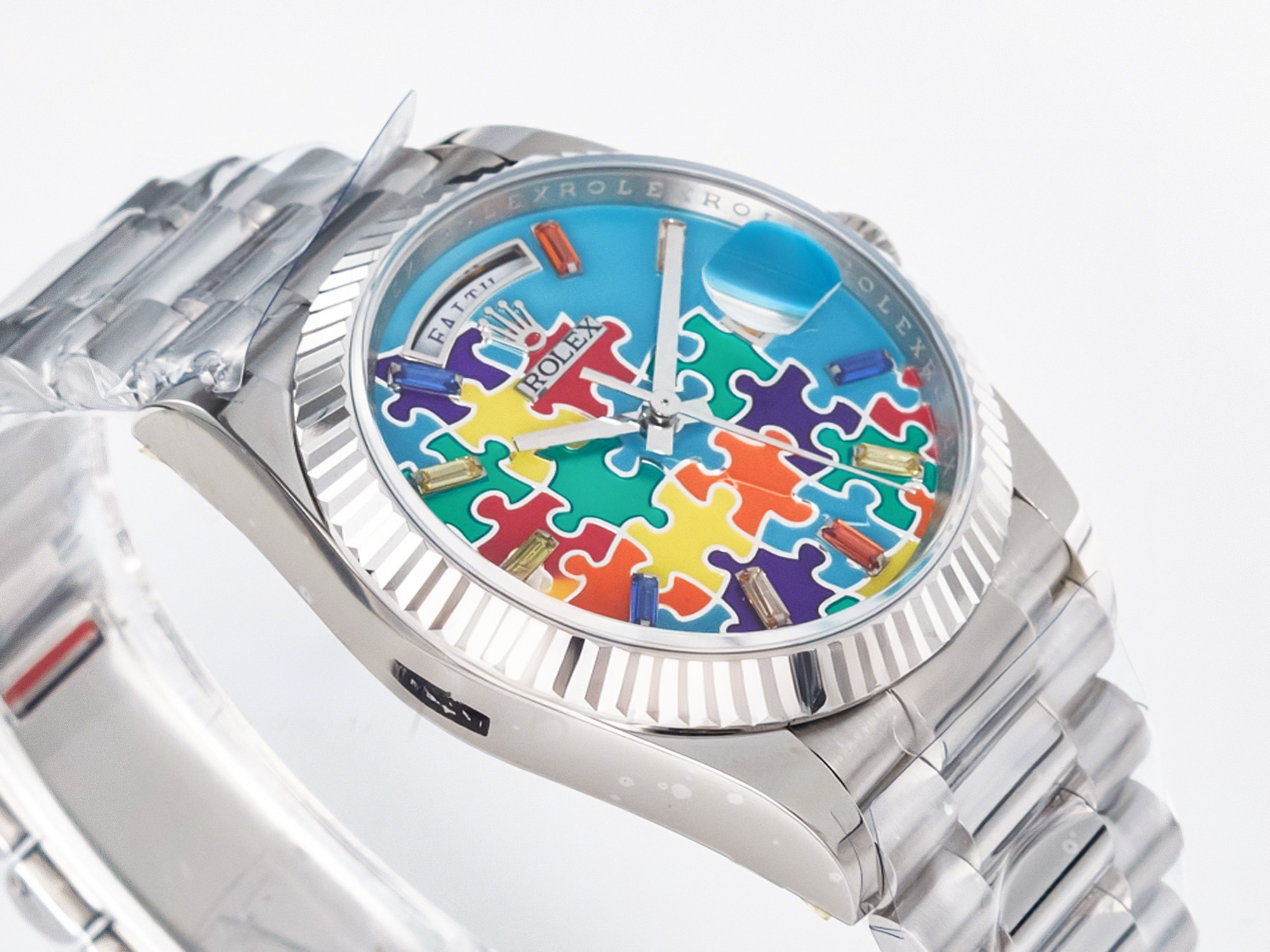 Rolex Daydate 128239 36mm Colour Jigsaw Puzzle SS QHF Best Edition Turquoise Blue Dial on SS President Bracelet A2834-fasswatch