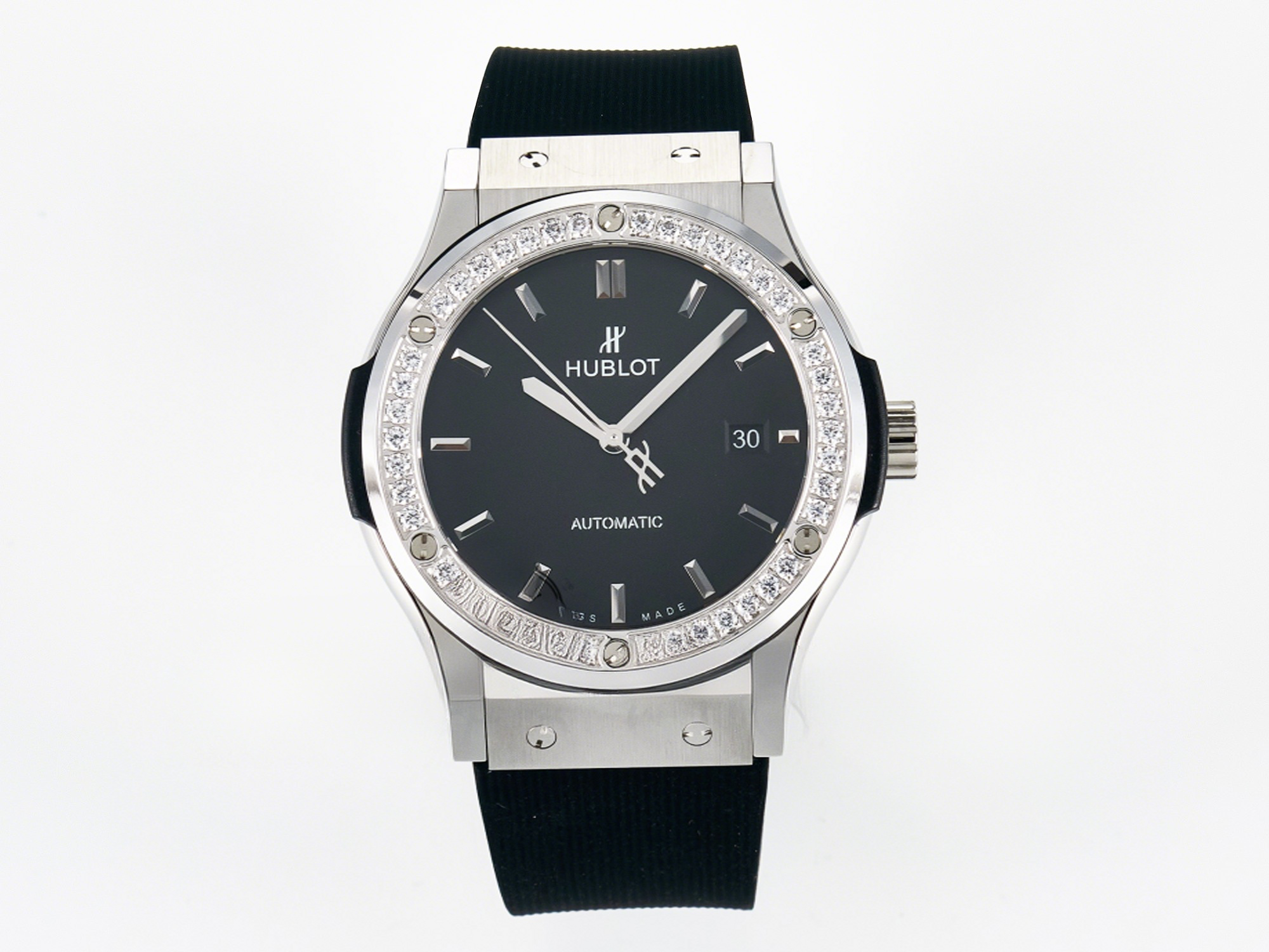 Hublot Classic Fusion Bang 42mm HBF 1:1 Best Edition Black Dial Diamonds Bezel on Black Rubber Strap A2892-fasswatch