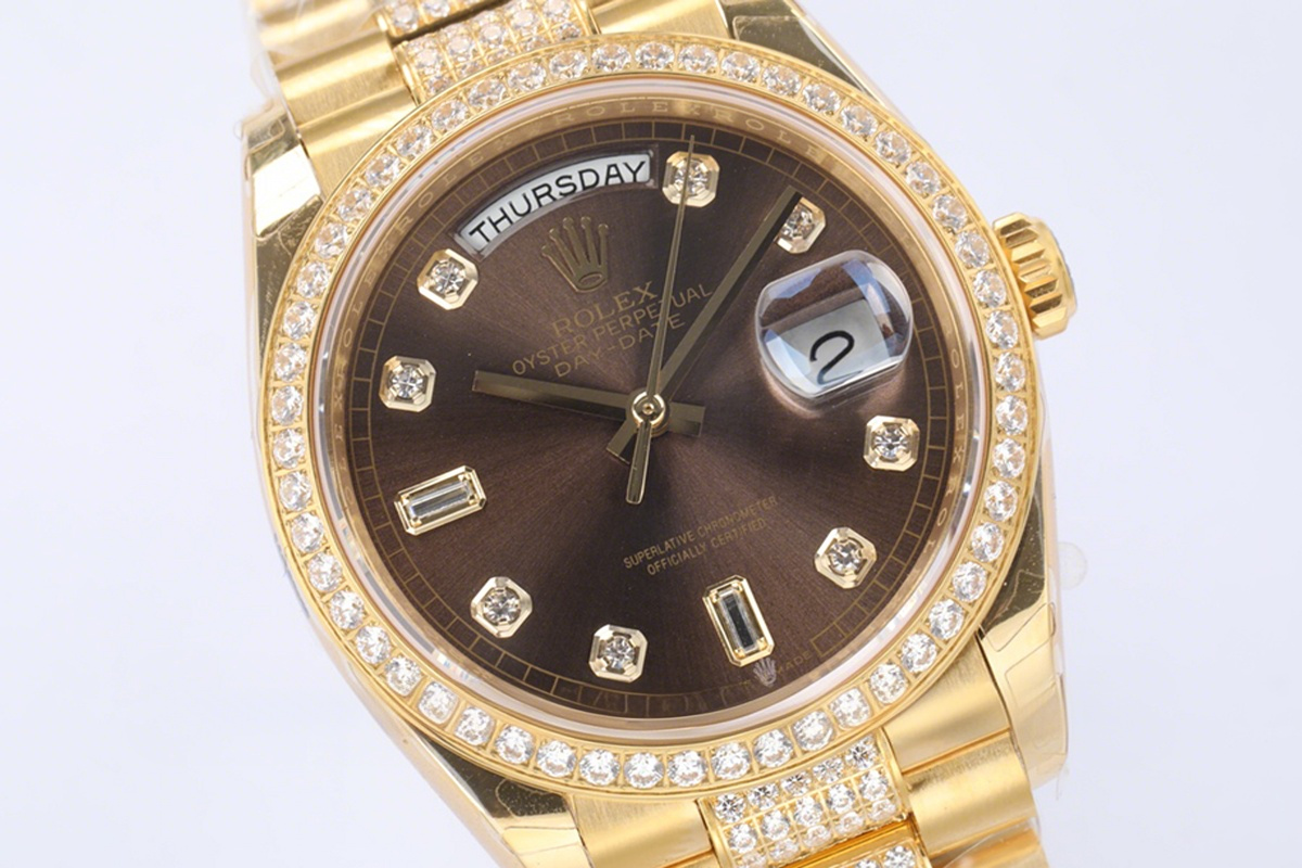 Rolex Day-Date 36 128348RBR Brown Dial with Diamond Bezel in Yellow Gold-fasswatch