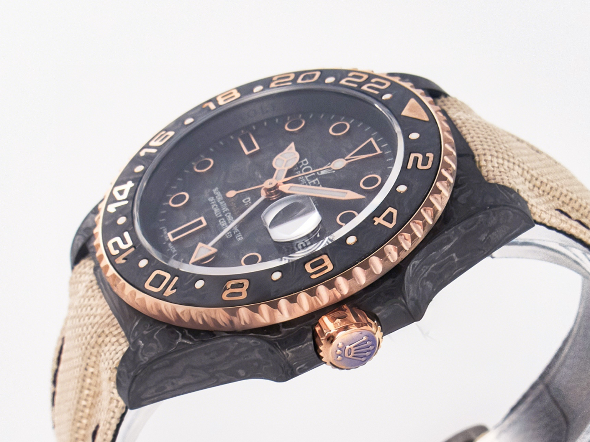 Rolex GMT Carbon DIWF Best Edition Black Carbon Dial RG Markers on Beige Nylon Strap SA3186 CHS-fasswatch