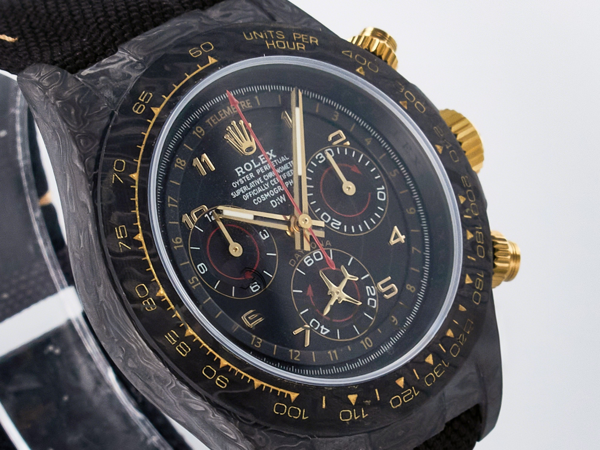 Rolex Daytona DIW “AVIA BLACK” Carbon DIWF 1:1 Best Edition Black/Red Dial on Black/Yellow Nylon Strap SH4130-fasswatch