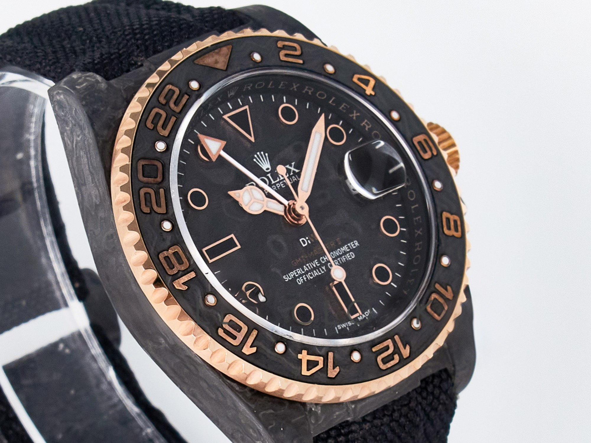 Rolex GMT Carbon DIWF Best Edition Black Carbon Dial RG Markers on Black Nylon Strap SA3186 CHS-fasswatch