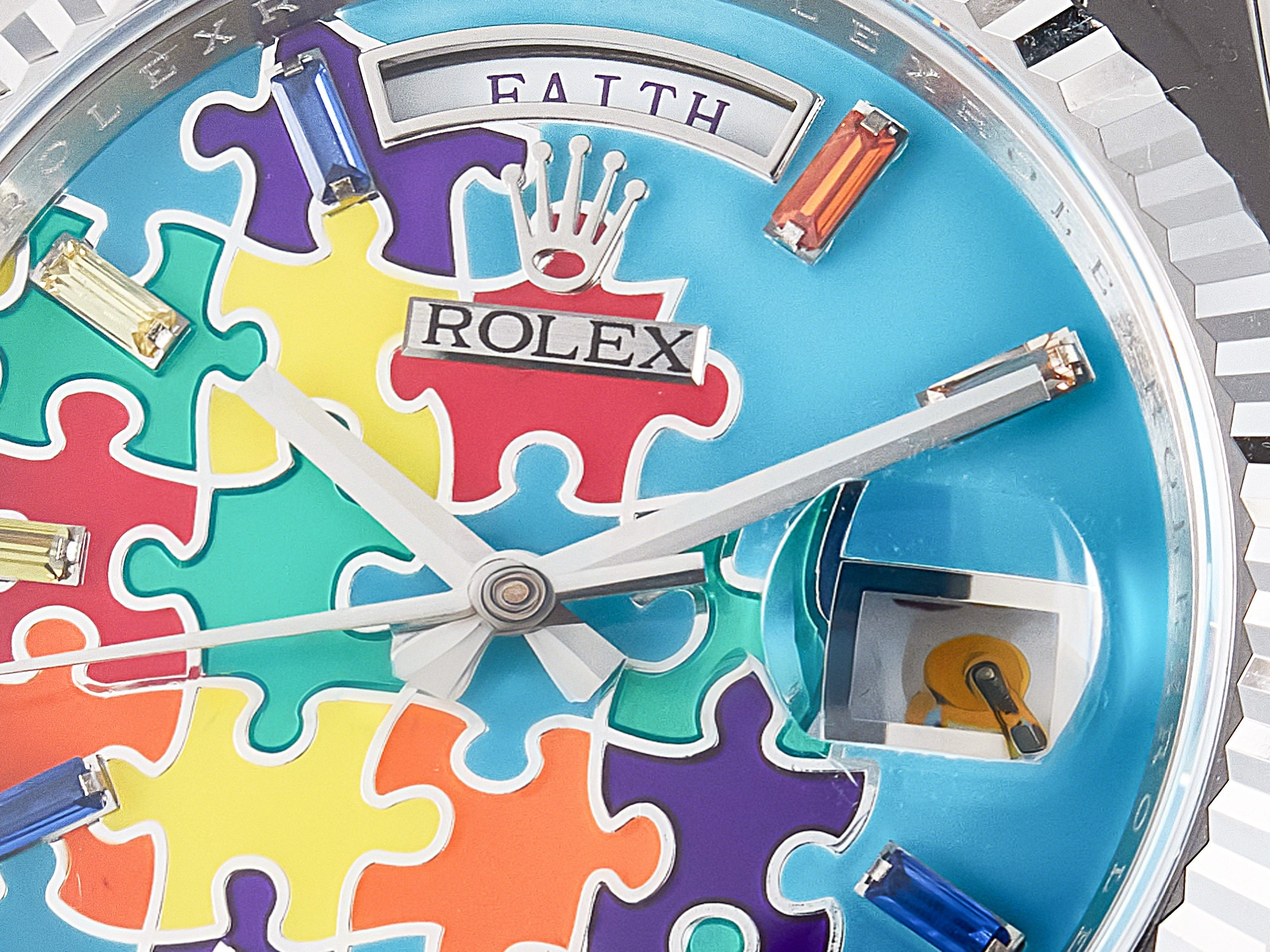 Rolex Daydate 128239 36mm Colour Jigsaw Puzzle SS QHF Best Edition Turquoise Blue Dial on SS President Bracelet A2834-fasswatch