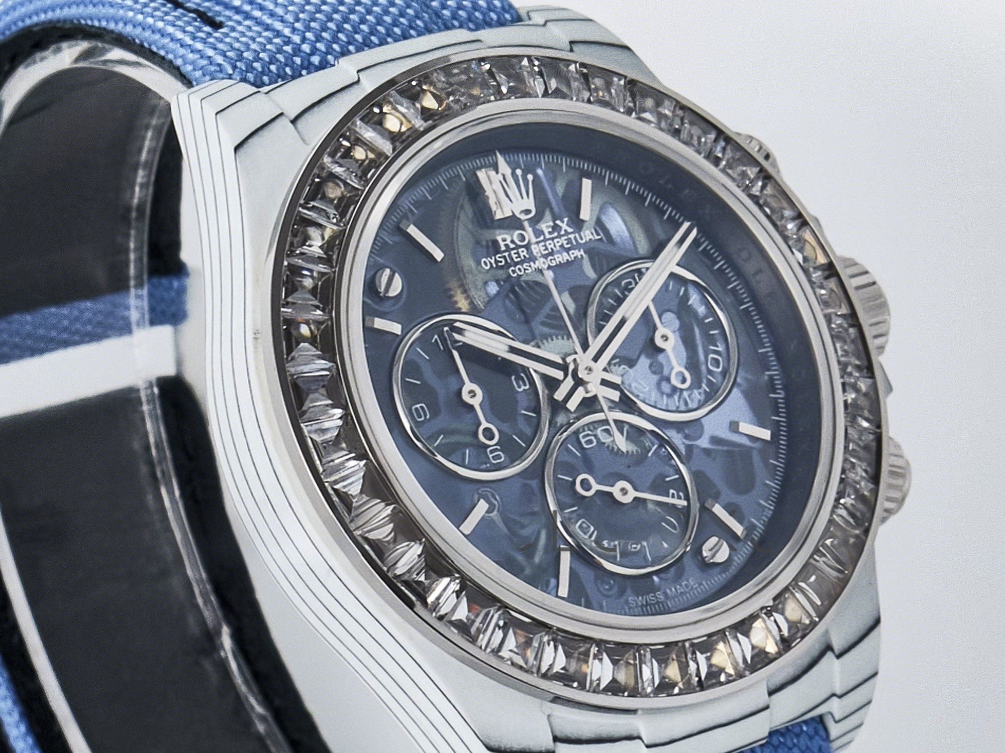 Rolex Daytona ZIF REMOULD White Carbon GETF Best Edition Blue Skeleton Dial Diamonds Bezel on Blue Nylon Strap DD4802-fasswatch