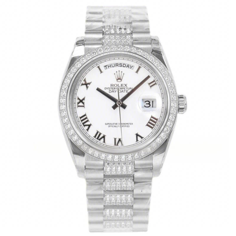 Rolex Day-Date 36 128349RBR White Dial with Diamond Bezel in White Gold-fasswatch