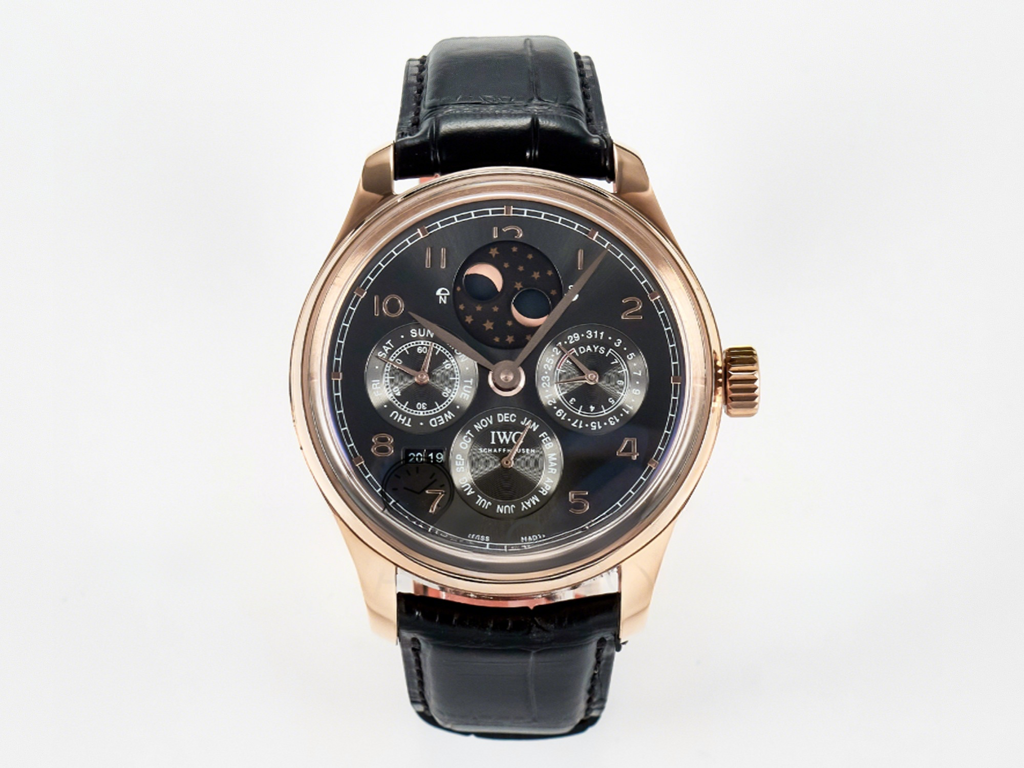 IWC IW5034 Portugieser Perpetual Calendar RG V9F 1:1 Best Edition Black Dial on Black Leather Strap A52610-fasswatch